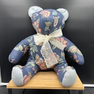 Vintage Handmade Floral Plush Stuffed Animal Teddy Bear Ribbon Bow Toy